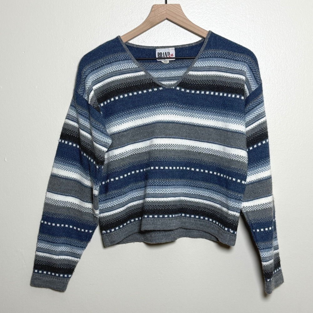 VTG Striped V-Neck Knit Sweater M Blue Grey USA Made Y2K 90s Grunge